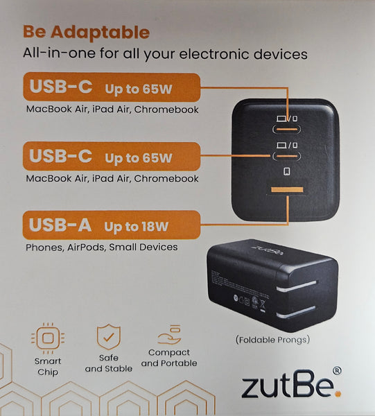 zutBe 65W Wall Charger 2 USB-C and 1 USB-A Input